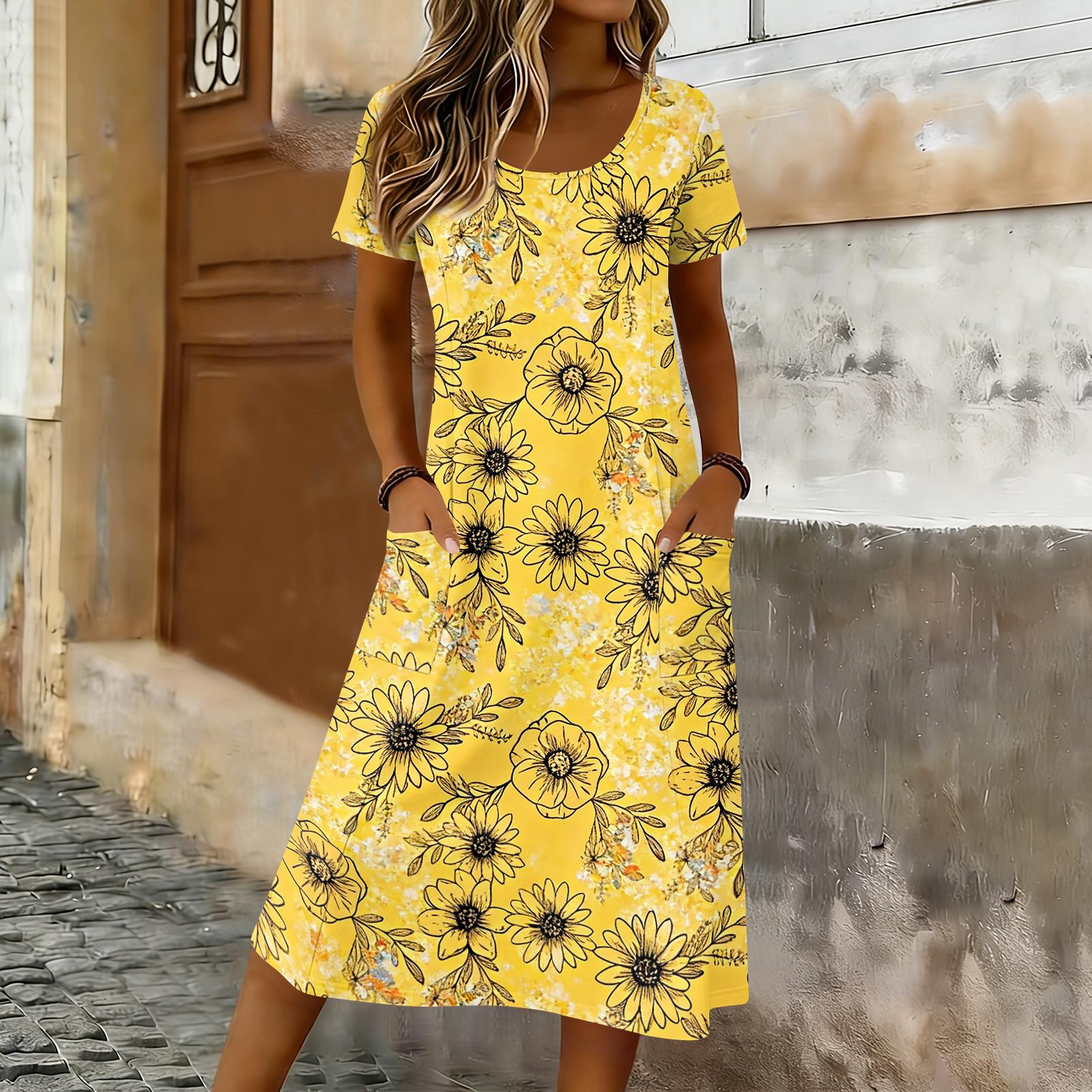 

Women s Casual Loose Round-neck Short-sleeved Pocketed Mid-length Dress XL жовтий