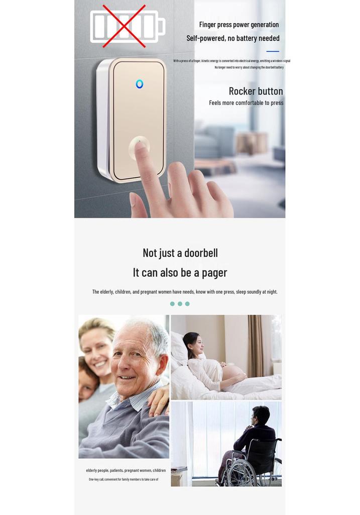 Self-Powered Wireless Doorbell, Long-Range Remote Chime with Elderly Call Button