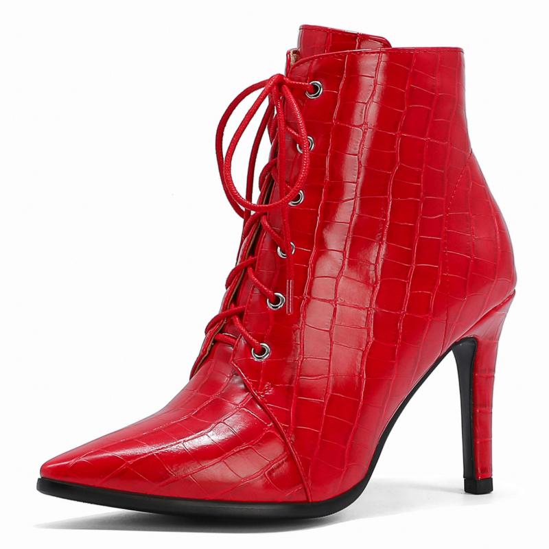 

Сексуальные женские ботильоны из кожи белого, черного, красного цвета, зимние ковбойские сапоги для женщин, осенние короткие туфли на шнуровке для вечеринок, женские, с острым носком 39 красный