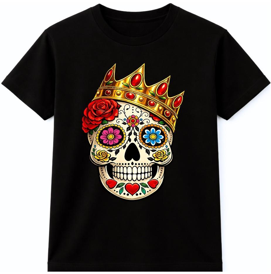 Sugar Skull Crown T-Shirt Day Of The Dead Gothic Floral Tattoo Graphic Tee