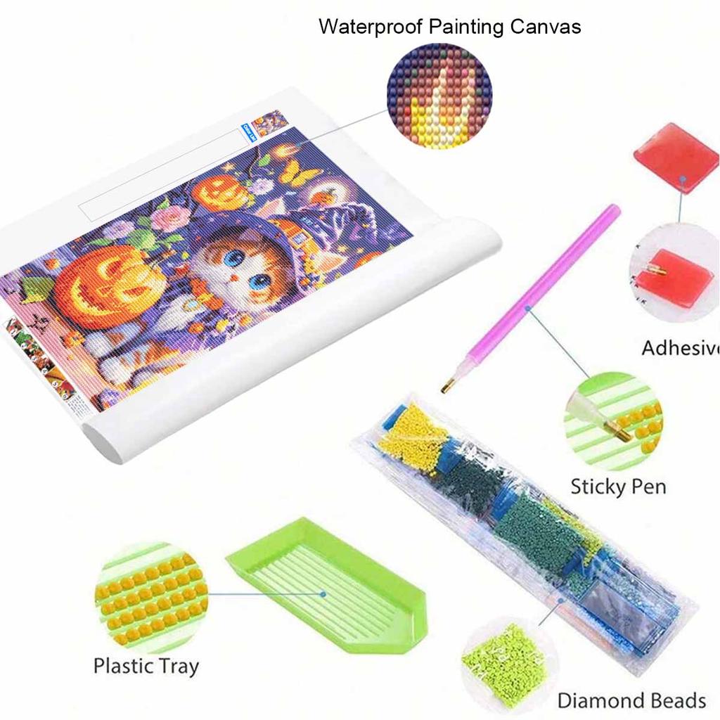 DIY Diamond Art Painting Kit Cute Halloween Witch Cat Pumpkin Pattern Full Drill Canvas Creative Handmade Craft Gift for Adults