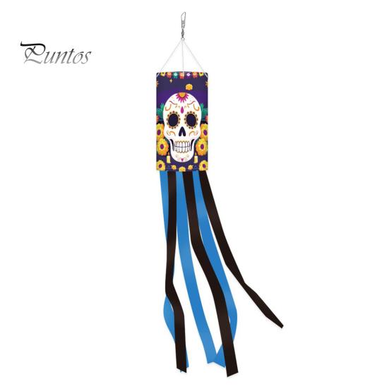 Layered Festive Scene Setup Day of The Dead Windsocks, Dia De Los Muertos Hanging Flag, Floral Windsock Skull Wind Socks with Flowing Tails for Front