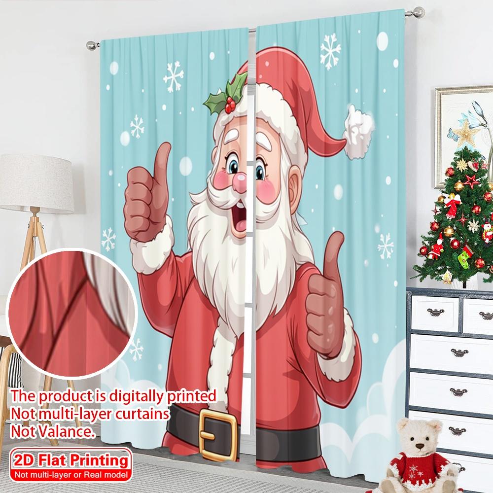 2pcs 2D Flat Printing Christmas Scene Curtain Santa Claus Snowflakes Christmas Fabric Without Electricity Festive Wall Decor