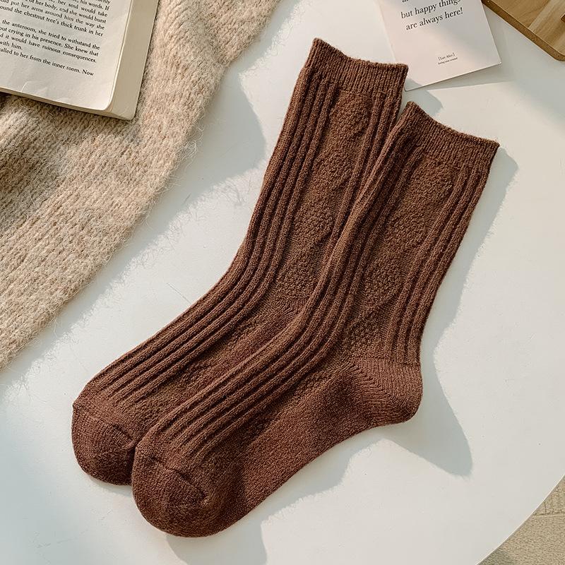 

Осенние и зимние шерстяные носки в ромбовидную клетку кофейного цвета с однотонными теплыми хлопковыми носками для женщин One Size коричневый