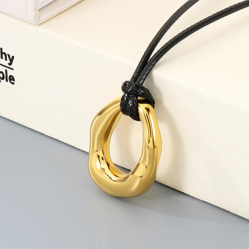Stainless Steel Irregular Circle Pendant Necklace for Men Women Black Leather Cord Hip Hop Minimalist Jewelry Gift Daily Wear
