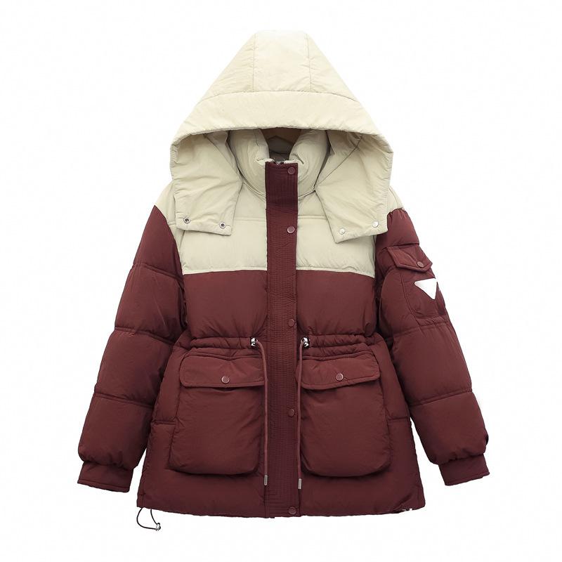 Contrasting Color Short Down Cotton Clothes Women's Winter New Waist Hooded Loose Thickened Coat