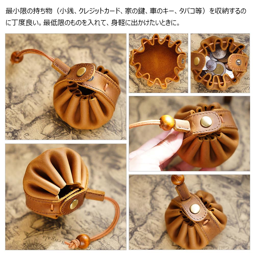 Whatna Natural Cowhide Handmade Coin Purse Coin Case Mini Sacoche Carabiner Pouch Thick Leather Genuine Leather Mini Drawstring Bag Mini Jewelry Box