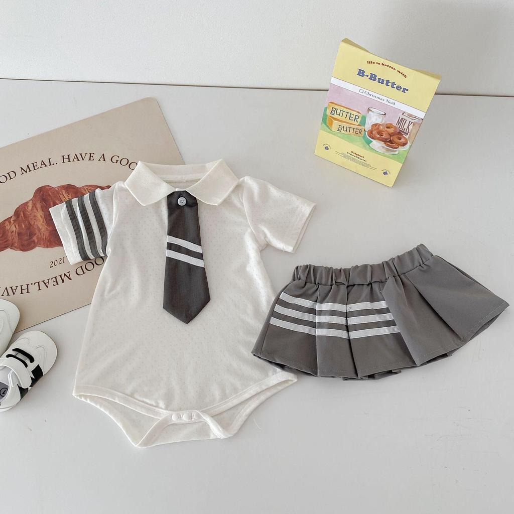 Korean-Style Preppy Romper: Trendy Infant Gift for Girls & Boys, Includes Tie - Perfect for One-Year-Olds.