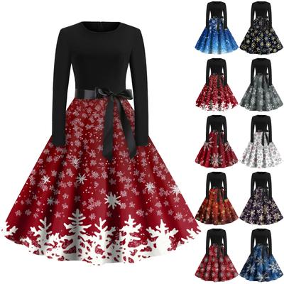 Christmas Print Flare Dress For Women Long Sleeve Dress Hollow Party Casual Dresses