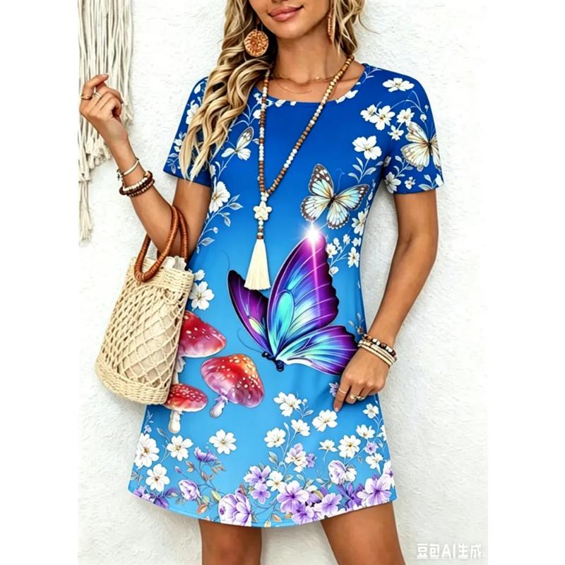 Fashion Women's Crew Neck Dress 3D Butterfly Color Printed Butterfly Dress