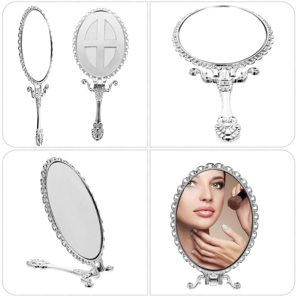 Specchio Portatile Compatto in Lega di Zinco Specchio per Trucco con Manico Specchio a Mano Retrò Specchio a Mano da Viaggio Piccolo Specchio di Bellezza Per