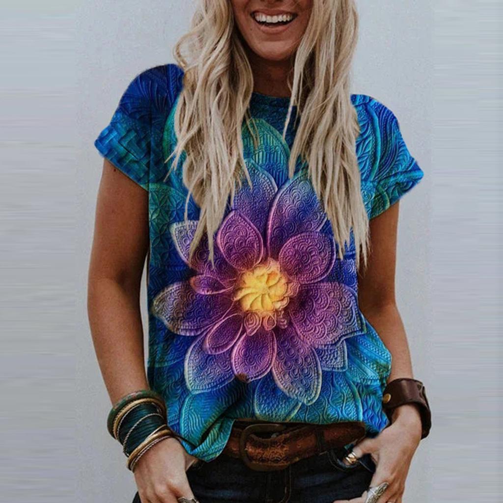 Fashion Women's Summer Printed Short Sleeve Crew-Neck T-Shirt Casual Tee Tops
