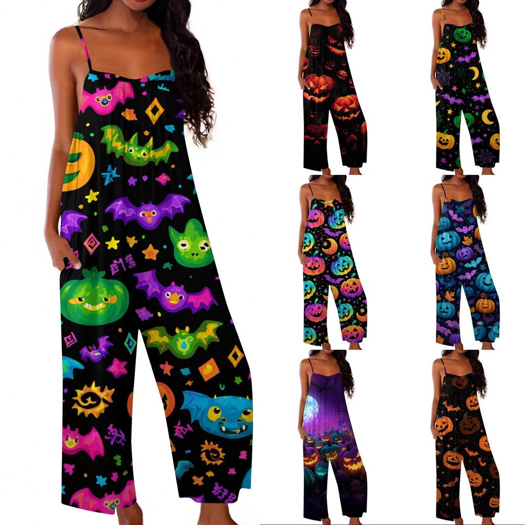 Womens Halloween Print Casual Loose Fit Jumpsuit Spaghetti Strap Wide Leg Romper One Piece Outfit for Everyday Wear