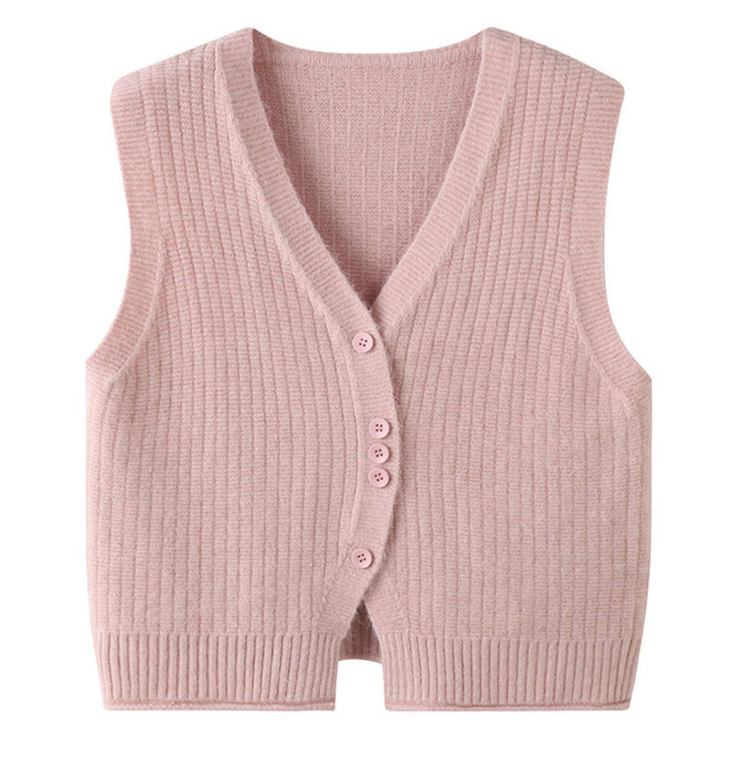 

Дизайнерский жилет на пуговицах, вязаный жилет с V-образным вырезом, женский весенний кардиган-свитер One Size розовый