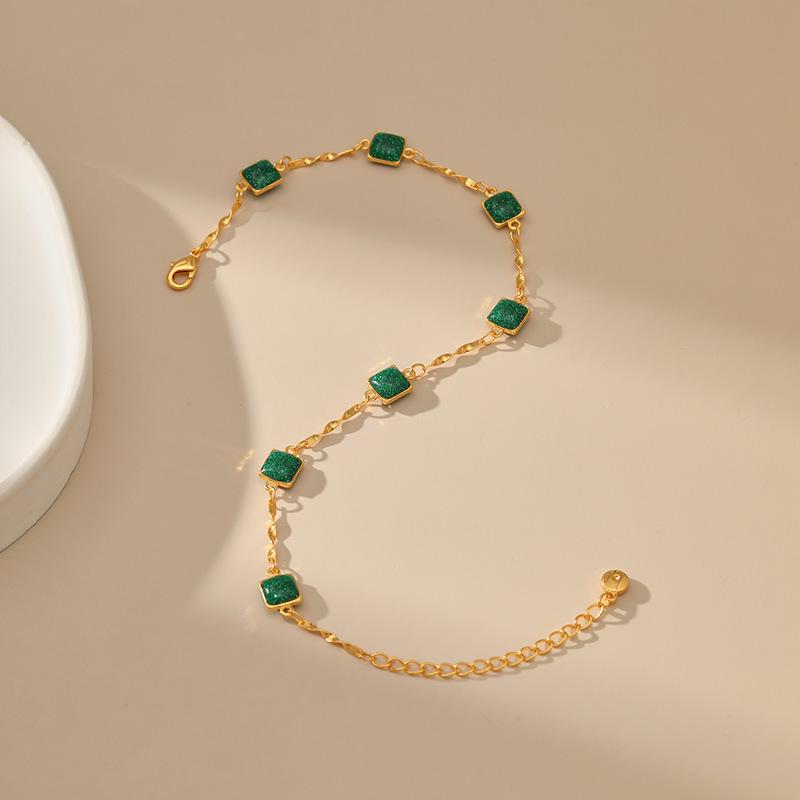 Copper Plated 18K Gold Korean Green Zircon Accessory Design Slender Chain Women's Fashion Anklet Elegant Temperament KTJ
