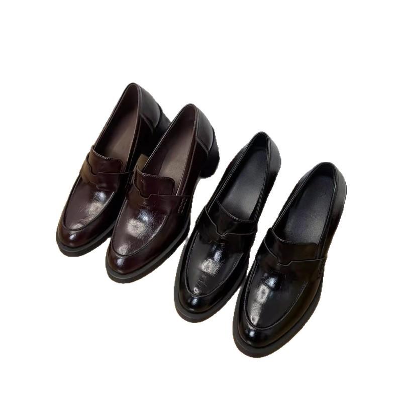 Silent sole British style round head loafers women's thick heel medium heel single shoes commuter small leather shoes black