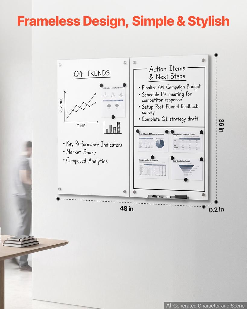 VEVOR Glass Dry Erase Board 2 Pack 900 x 600 mm White Magnetic Whiteboard, Wall-Mounted, Frameless, Thick Tempered Glass, with Markers