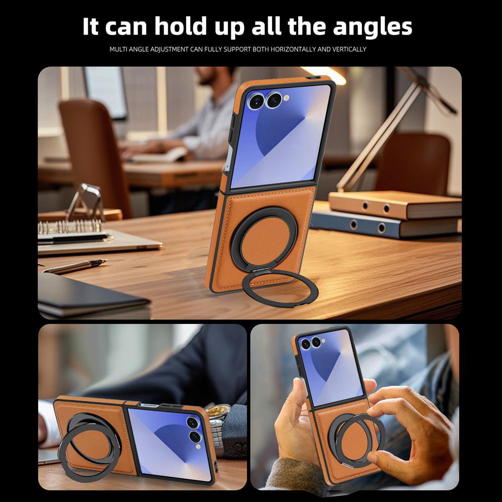 KEYSION 360° Rotating Magnetic Ring Stand PU Leather Case for MagSafe for Samsung Z Flip 7 5G 7 SE Wireless Charging Phone Cover