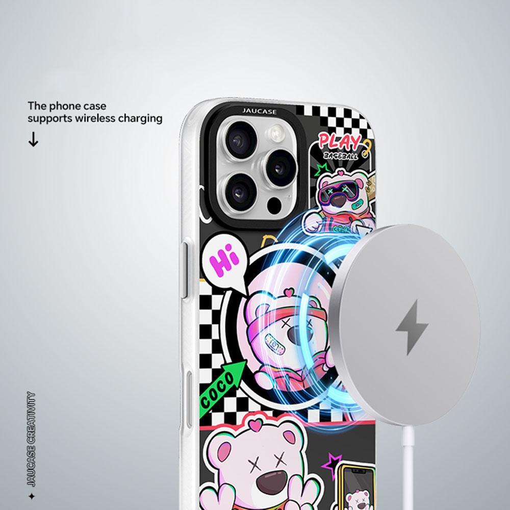 JAUCASE For iPhone 16 Pro Case Compatible with MagSafe Bear Pattern PC+TPU Matte Phone Cover