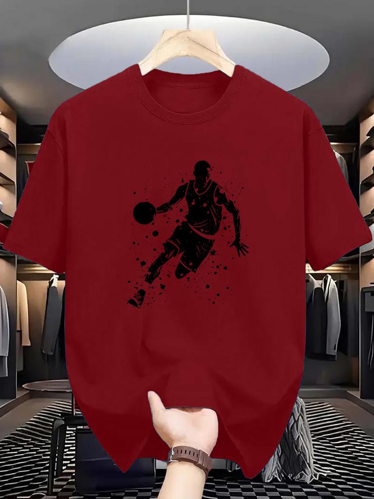 Geometric Pattern Men's Basketball Print T-Shirt - Knit Fabric, Comfortable Athletic Streetwear Top for Outdoor Summer Wear