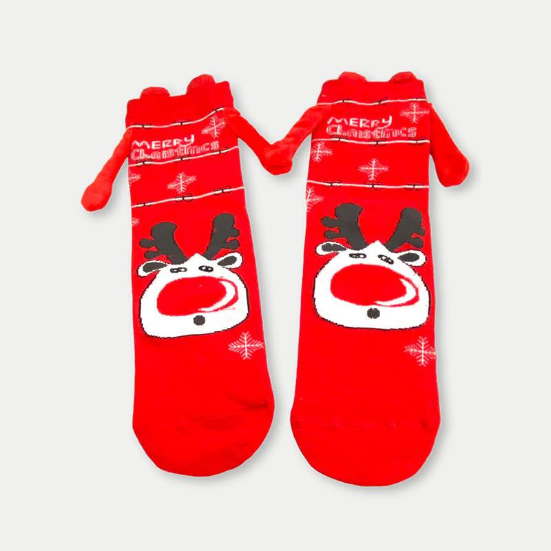 Creative Christmas Magnetic Couple Socks Funny Hand In Hand Design Stockings Red Cotton Mid-calf Unisex Japanese Style Cute Sock