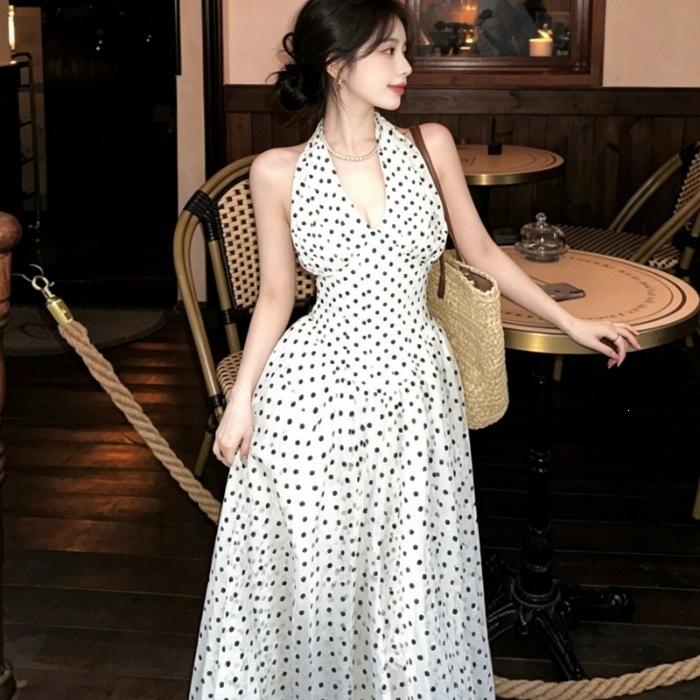 French retro polka dot white v-neck sleeveless neck dress sexy hottie beautiful waist a word long dress