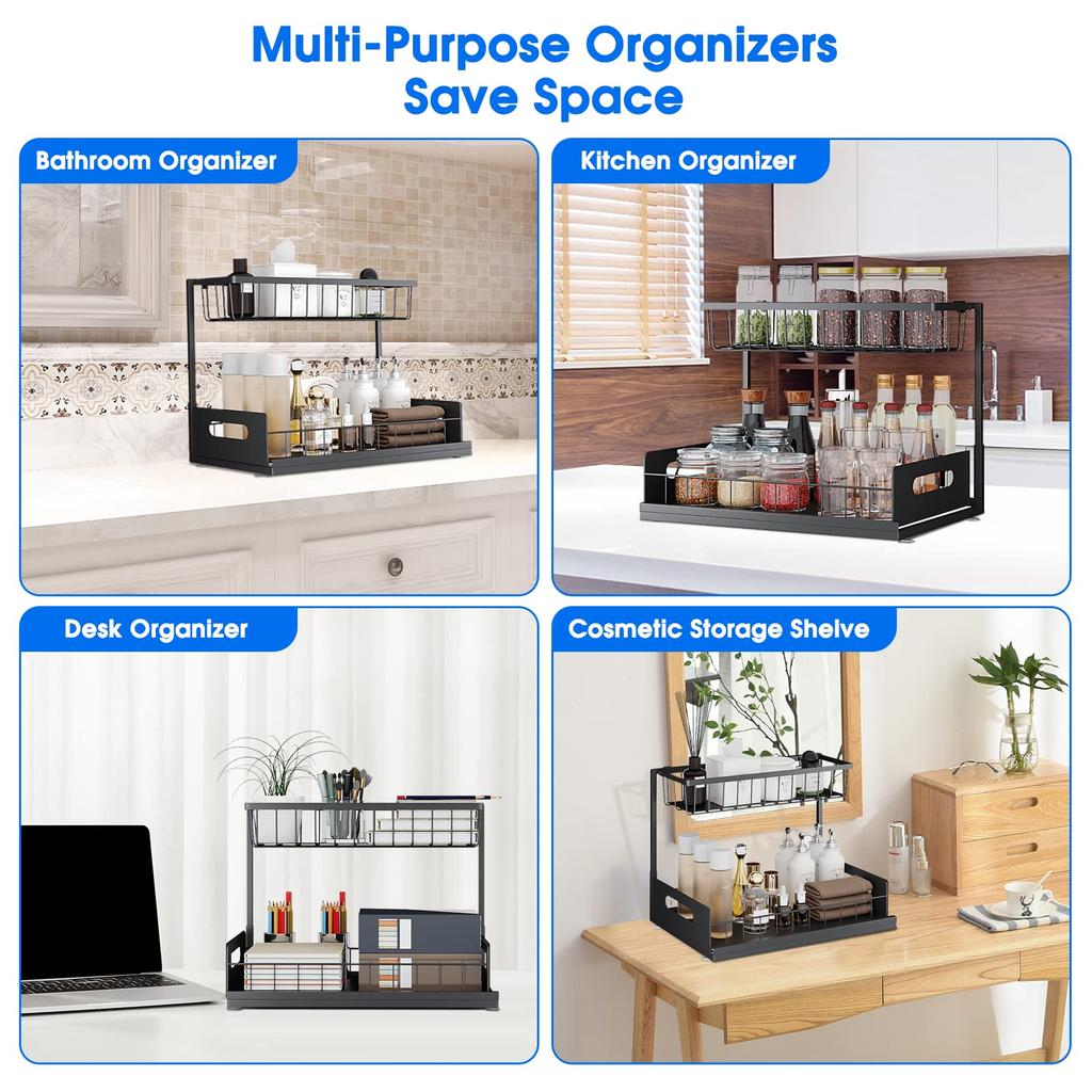 Under Sink 2 Tier Sliding Cabinet Basket Organizer Drawer Pull Out Cabinet Multi-Purpose Sink Organizer for Bathroom Kitchen