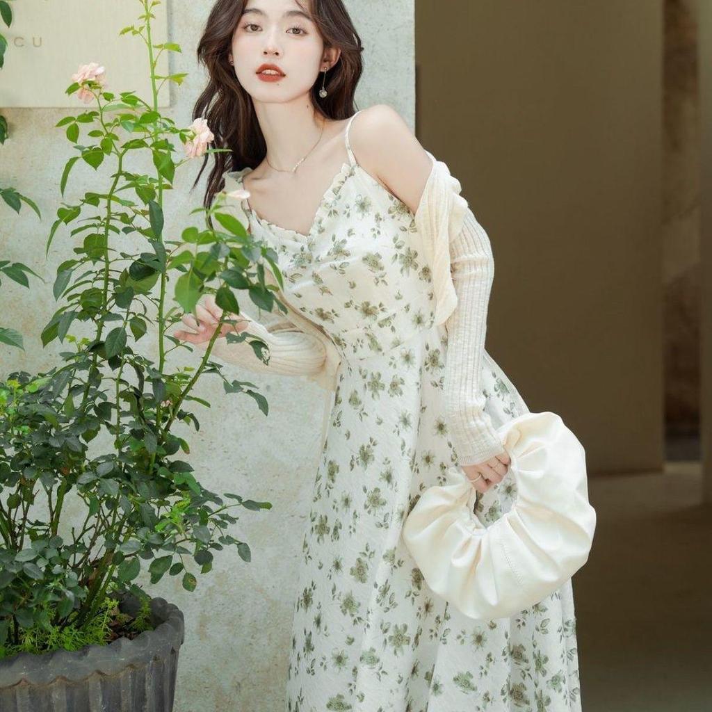 Elegant French Floral V-Neck Spaghetti Strap Dress Set – Fairy Forest Style