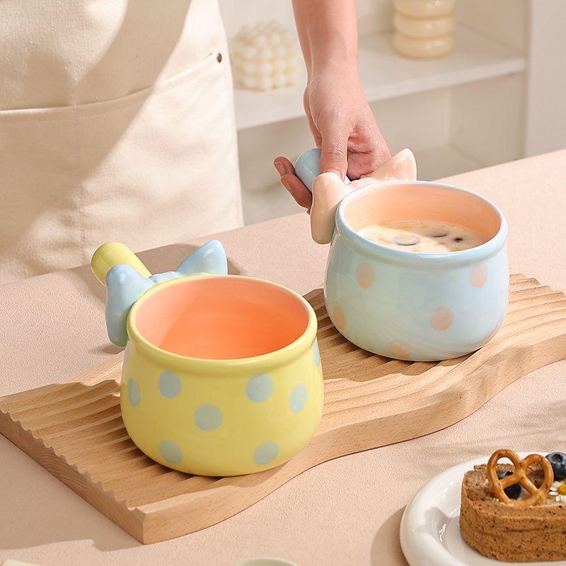 Cute Bowknot Ceramic Bowl with Handle, Aesthetic Salad, Dessert & Breakfast Oatmeal Bowl
