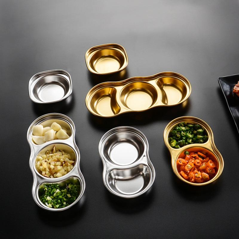Stainless Steel Divided Dip Bowls Sauce Plate Seasoning Dipping Condiment Tray for BBQ Vinegar Spice Ketchup Salt Sugar Flavor