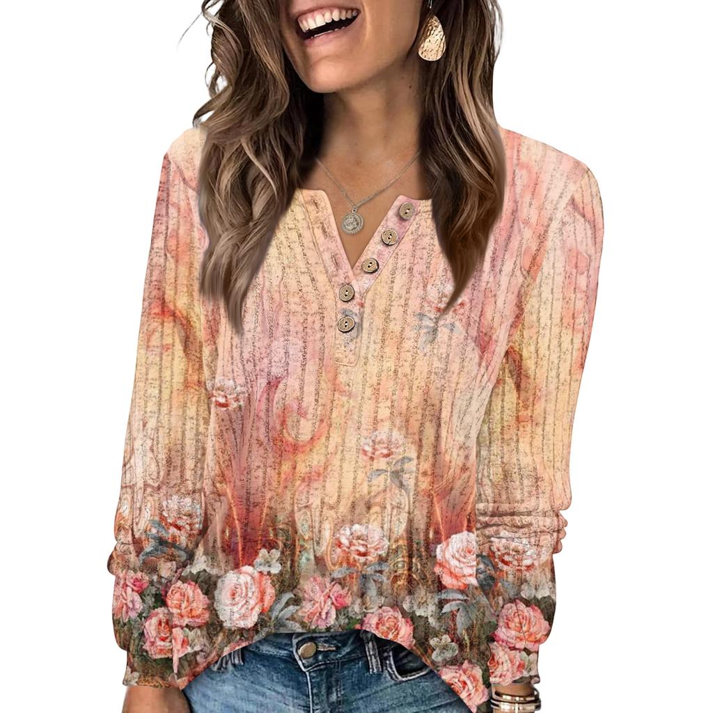 Women's Fashion V-Neck Button-Up T-Shirt With Floral Print Long-Sleeved Top