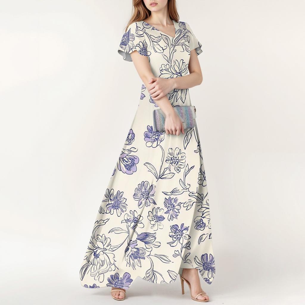 Women's Spring And Summer Casual Fashion Floral Print Dress V Neck Short Sleeve Dress