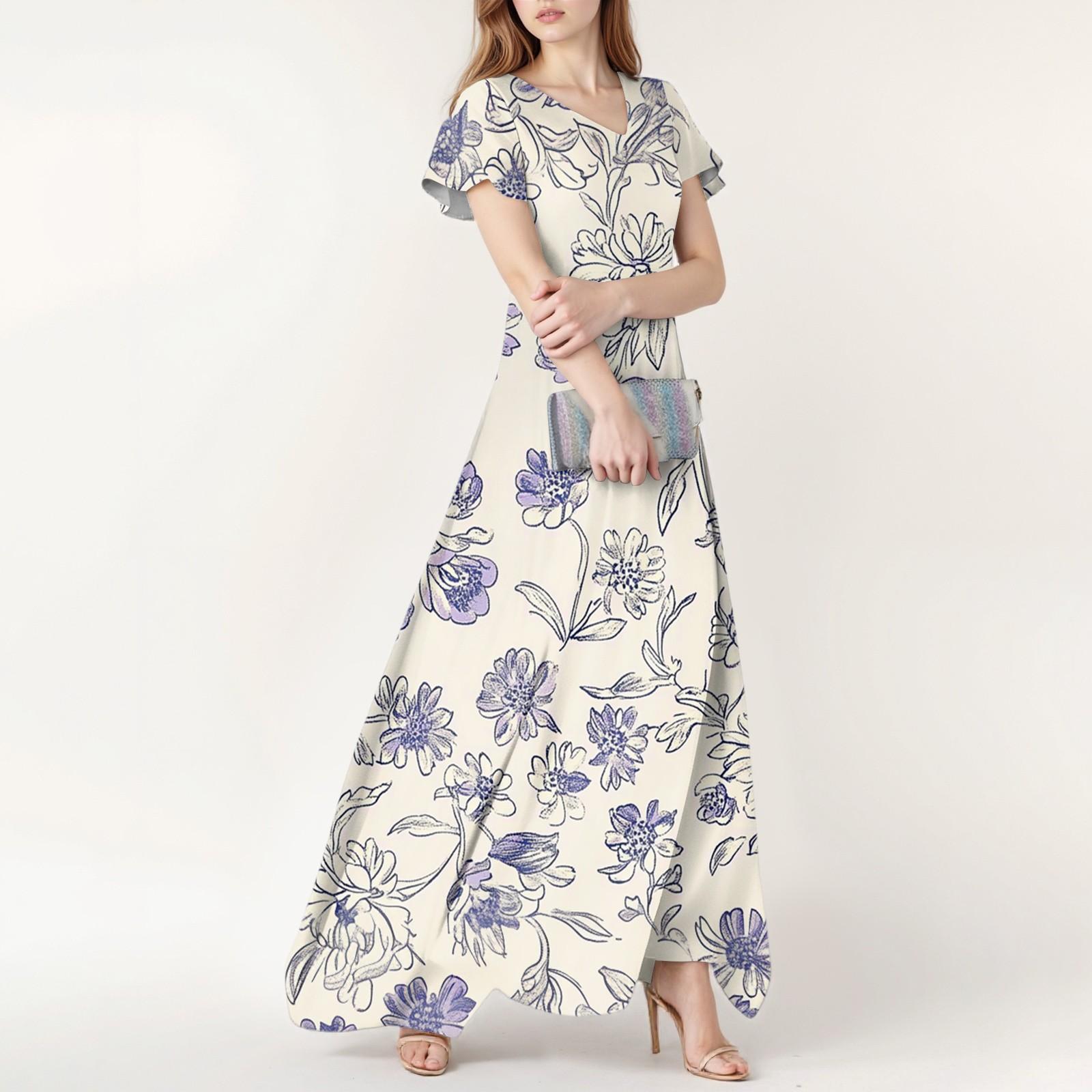 

Women s Spring And Summer Casual Fashion Floral Print Dress V Neck Short Sleeve Dress S