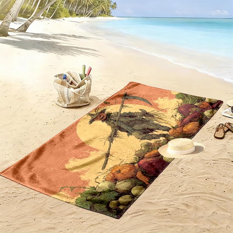 Halloween Vintage Scarecrow Pumpkin Harvest Print Beach Towel, Gothic Quick‑Dry Towel for Beach Pool Travel