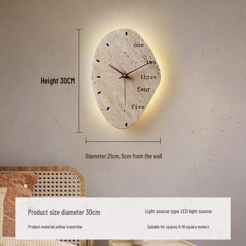 Japanese Wabi-Sabi Yellow Stone Clock & Wall Lamp for Homestay or Hotel Bedroom Corridor