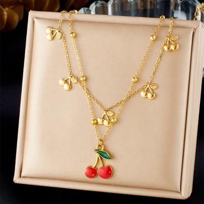Gold Plated Cherry Pendant Double Layer Necklace for Women Stainless Steel