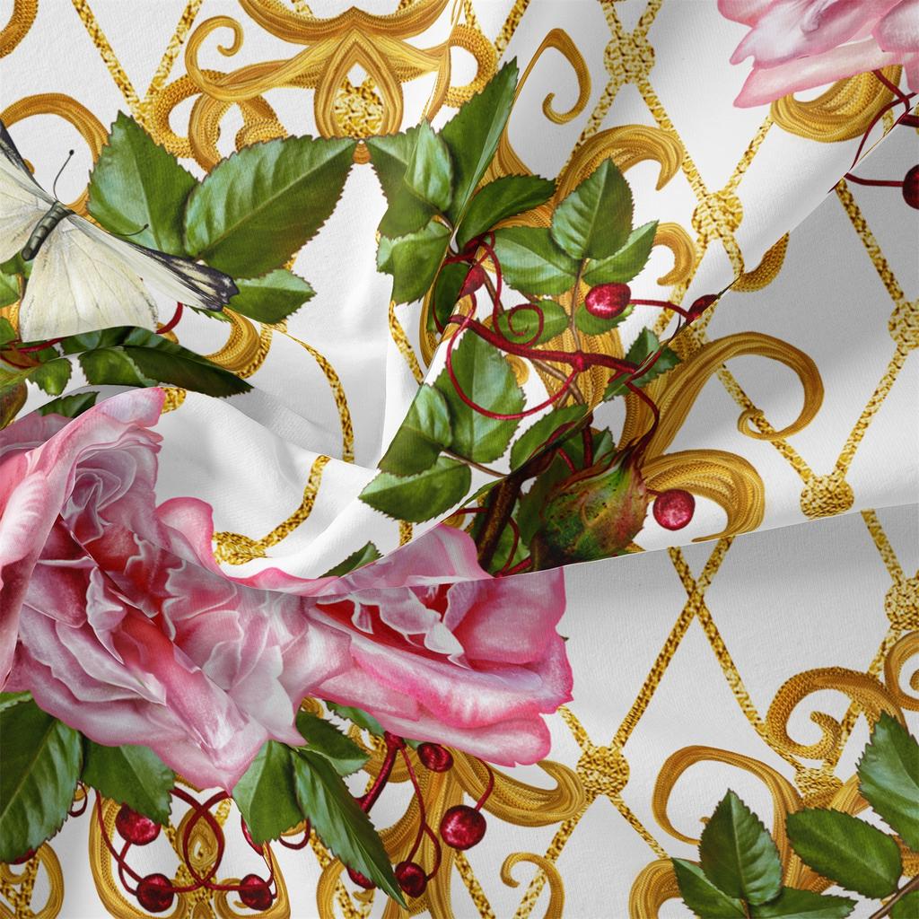 3Pcs Luxury Rose Butterfly Duvet Cover Set, Elegant Golden Grid Floral Bedding With Pillowcases, Soft Comfort For Home Decor