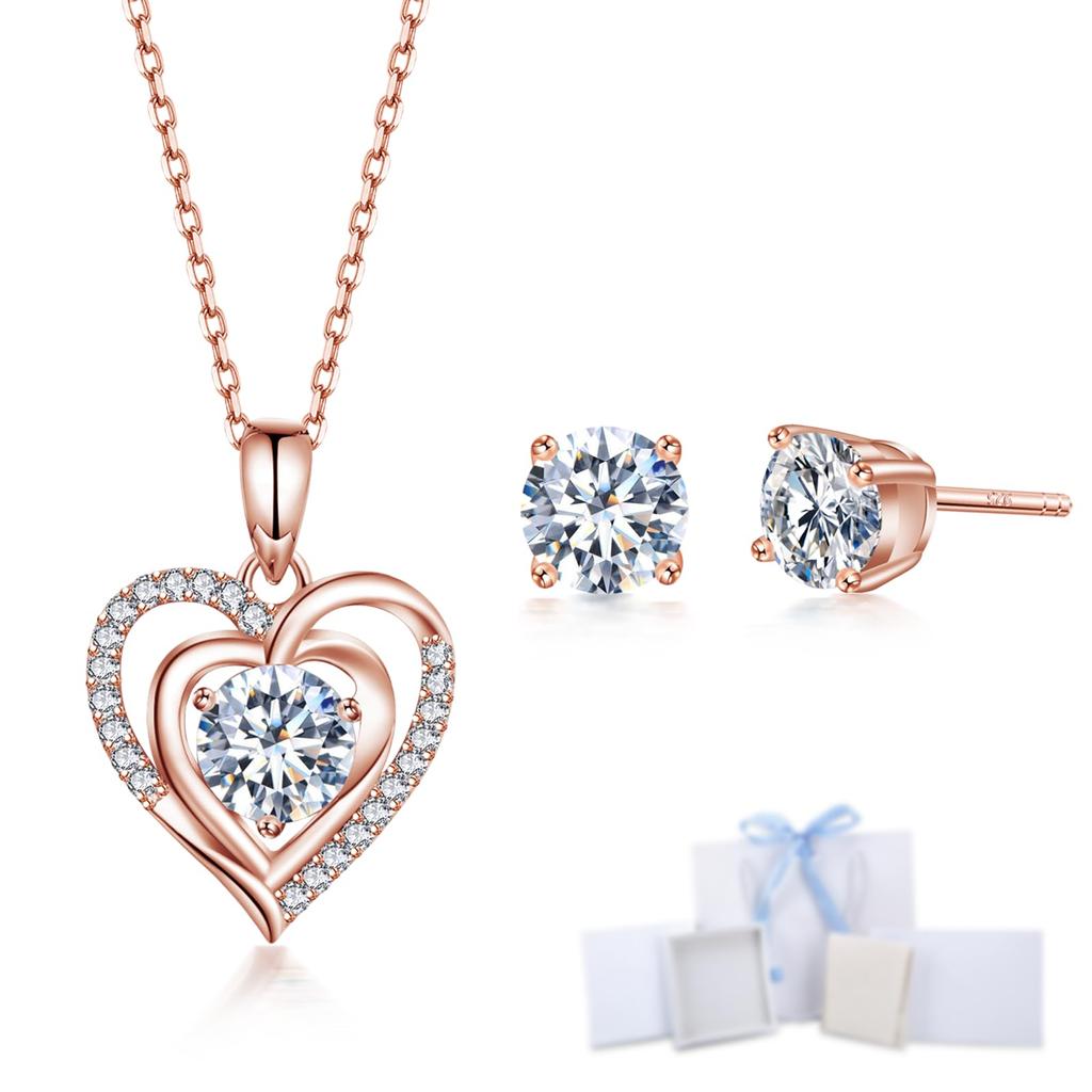 Heart Necklace for 5A Necklace and Earrings Rose Silver Metal Popular Jewelry [Free bird] Women, Zirconia, Set, Gold, Heart, 925, Allergy, Birthday,