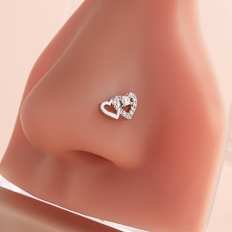 European L-Shaped Rhinestone Heart Nose Ring Stud with Micro-set Zirconia