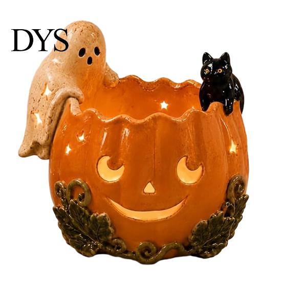 Seasonal Room Accent Halloween Pumpkin Candle Holder, Resin Ghost Black Cat Tea Light Holder Stand, Retro Distressed Decorative Table Ornament