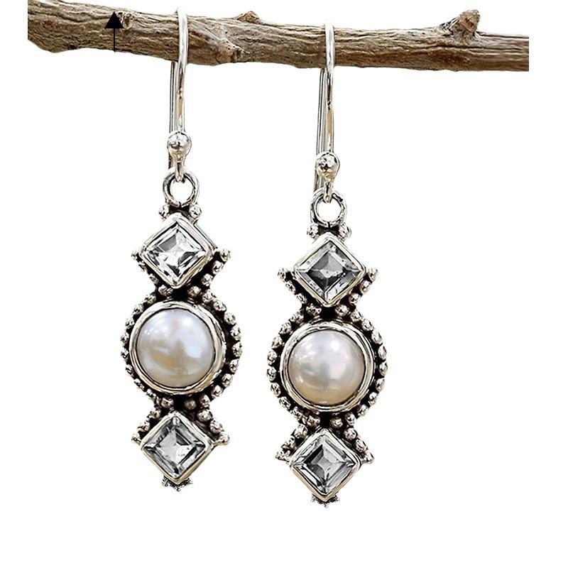 Retro Thai Silver Pearl & Olive Green Square Diamond Dangle Earrings for Women