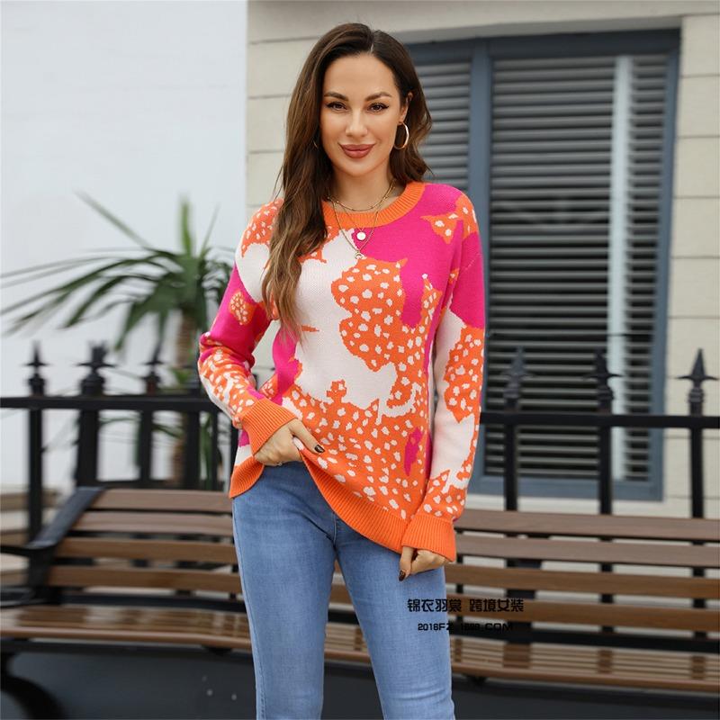 Damen Herbst Winter Neu Pullover Rundhals Jacquard Farbe Langarm Pullover für Damen Modischer Casual Strickpullover