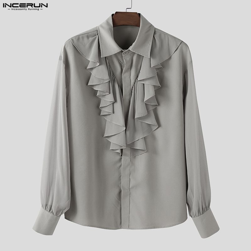 INCERUN Oversized Elegant Men Multi-layered Neck Long Sleeve Ruffled Casual Loose Shirts