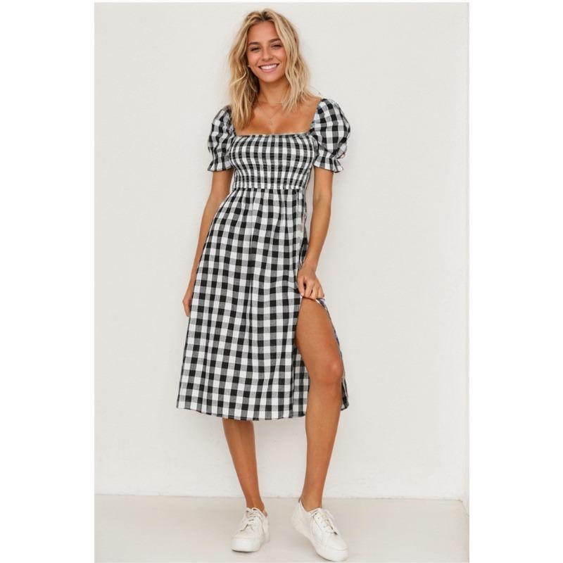 

Женское платье весна-лето с разрезом, квадратным воротником и короткими рукавами в клетку XL