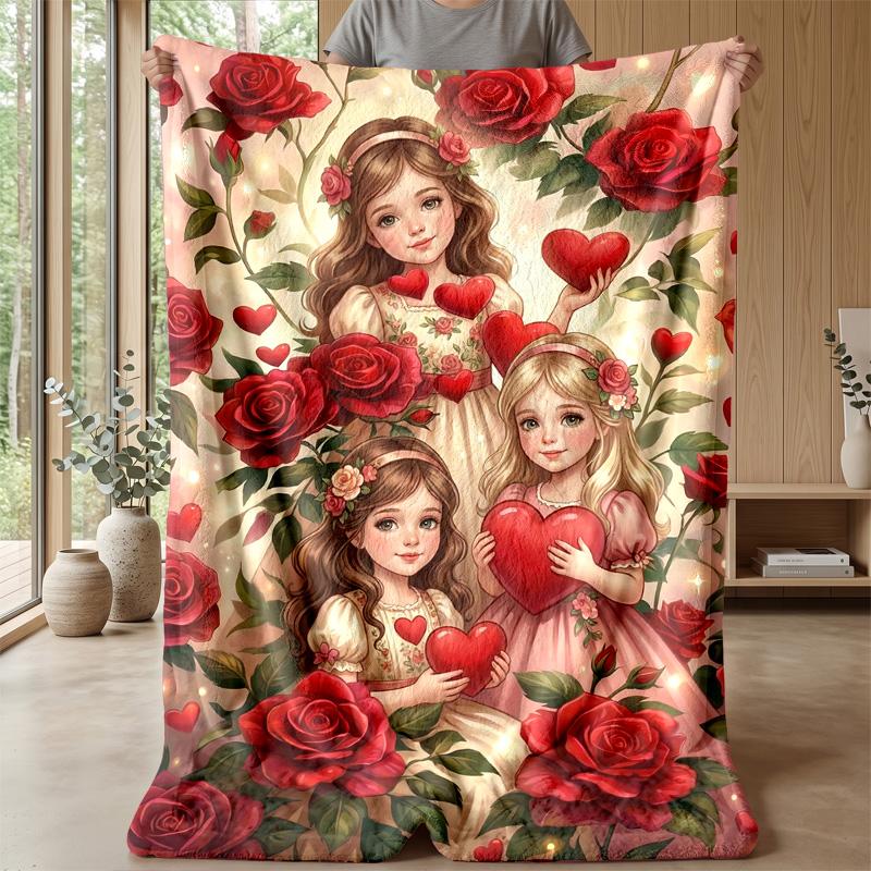 Girl on Crescent Moon with Roses Theme blanket Lightweight Warm Flannel Blanket Decorative Throw Blanket for Home Decoration