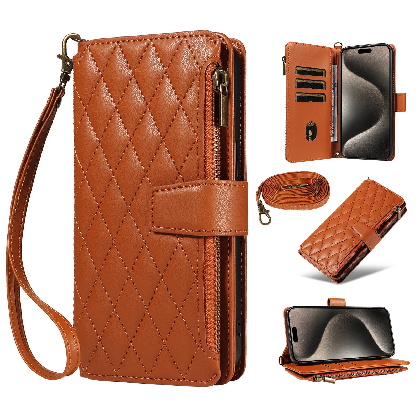 

For iPhone 16 Pro Max Leather Case with Card Holder,Straps,RFID Blocking Wallet Phone Cover Rhombus Pattern Yellow