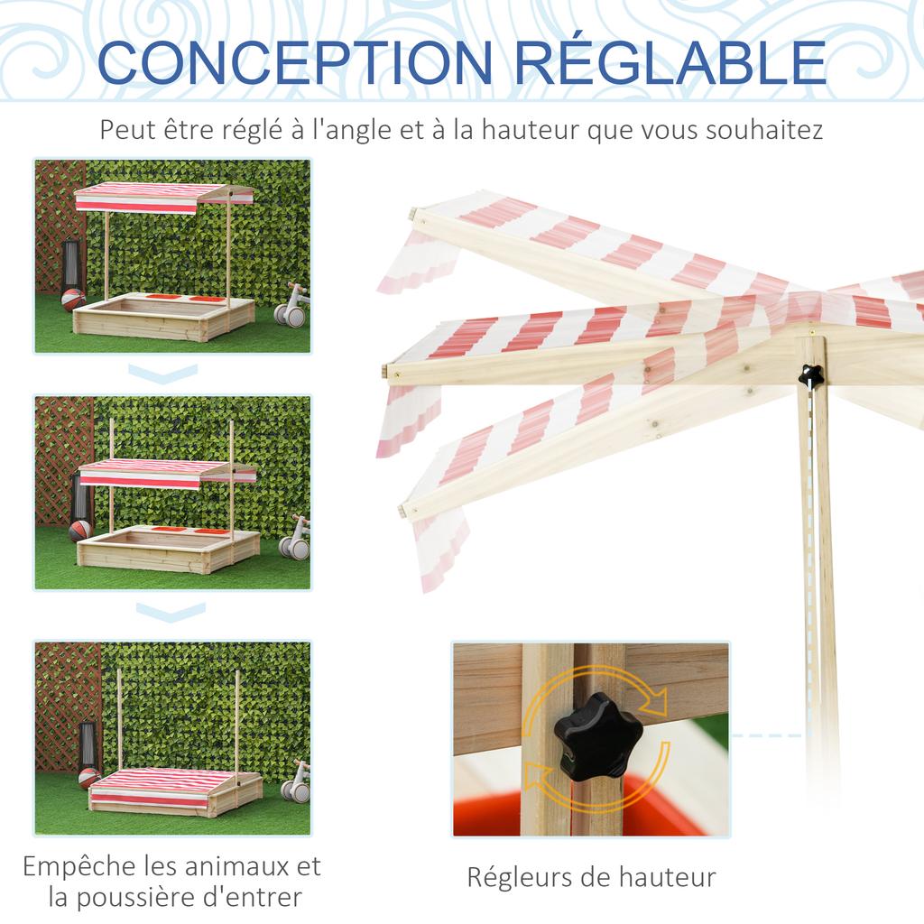 Sabbiera in Legno per Bambini con Coperchio, Set Gioco Sabbiera per Bambini, Giardino Esterno con Tettoia Regolabile, Telo di Fondo, Sedile, Bacinella in Plastica