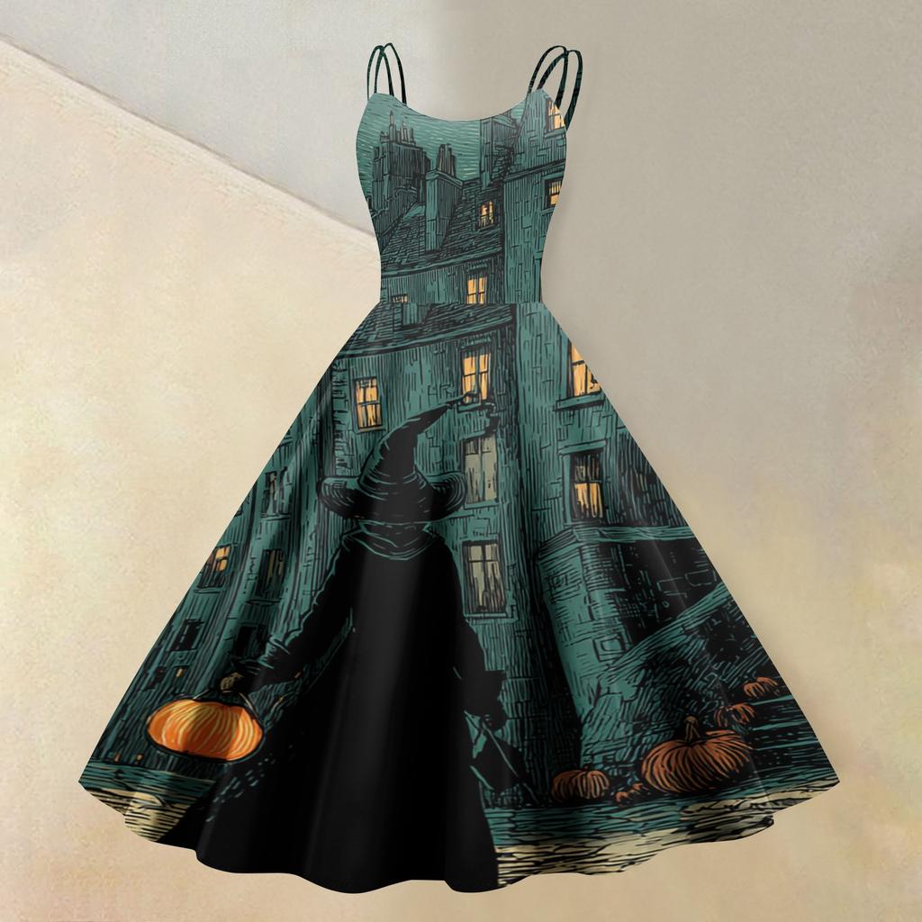 Women's Sleeveless Halloween Print Dress Vintage Style Round Neck Casual Fit and Flare Midi Dress with Spaghetti Straps and Festive Pattern