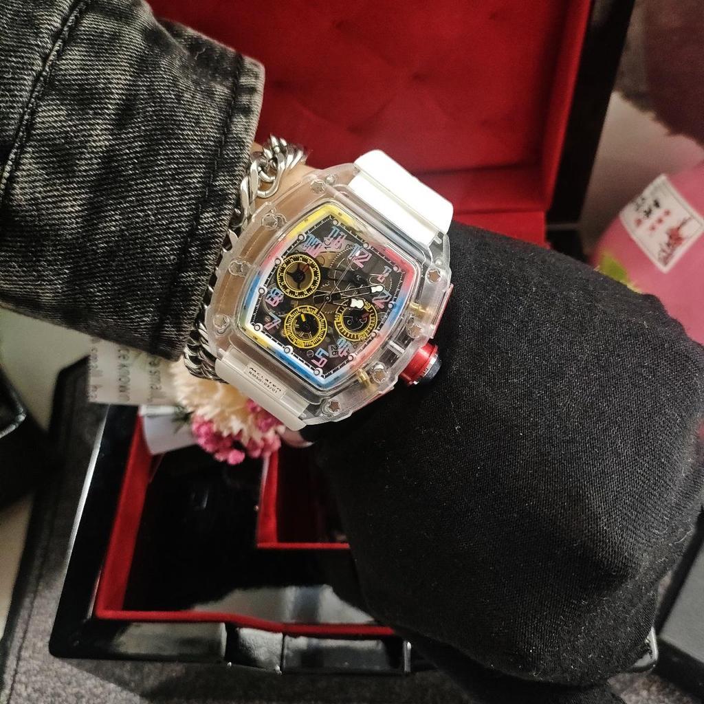 Colorful Transparent Multifunctional Chronograph Quartz Watch with Calendar and Tourbillon for Men and Women