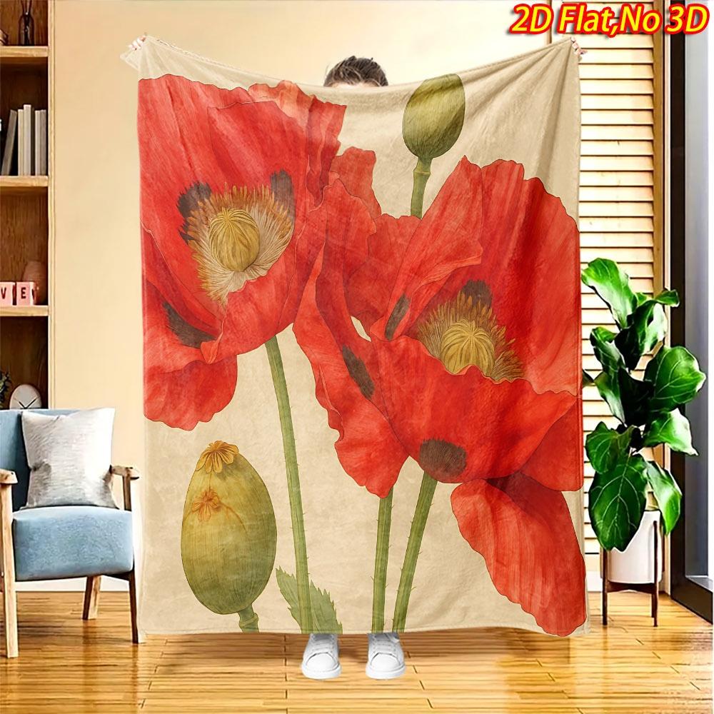 1pc 2D Flat Printing Spring And Summer New Arrival Red Poppy Flower Theme Digital Print Blanket, All-Season Use, Casual Throw, 100% Polyester Fiber So